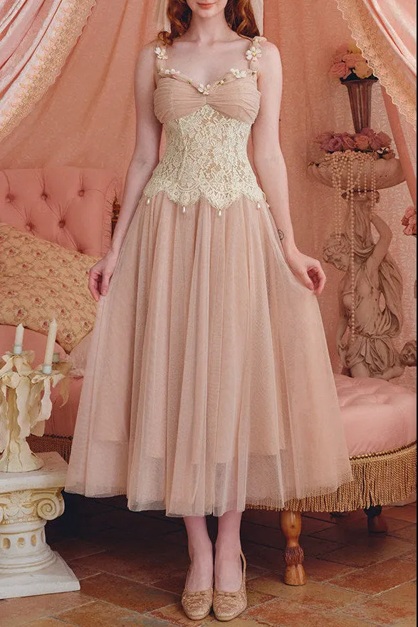 Heloise Lace Mesh Flower Detail Maxi Dress In Cream Pink - OWNCI