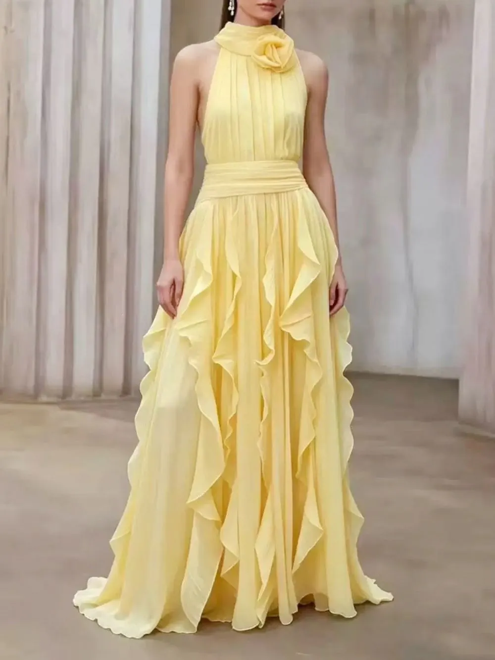 Yellow Chiffon A-Line Halter Maxi Dress - OWNCI
