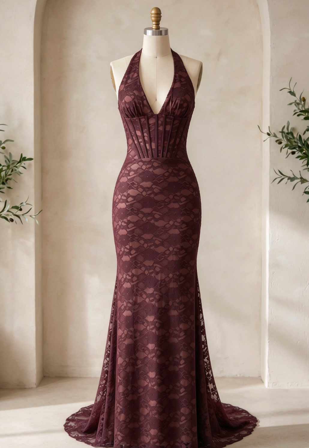 Dark Brown Floral Lace Mermaid Maxi Dress with Corset Bodice - OWNCI Dark Brown Floral Lace Mermaid Maxi Dress with Corset Bodice - OWNCI