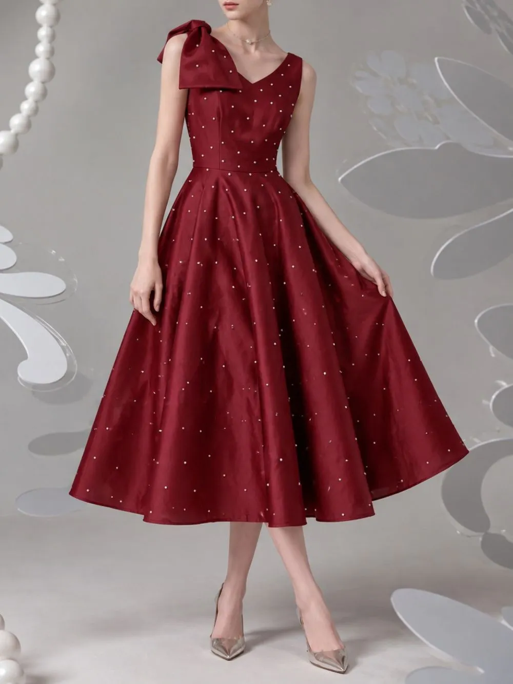Miyuki Bow V-Neck Midi Dress - OWNCI Miyuki Bow V-Neck Midi Dress - OWNCI