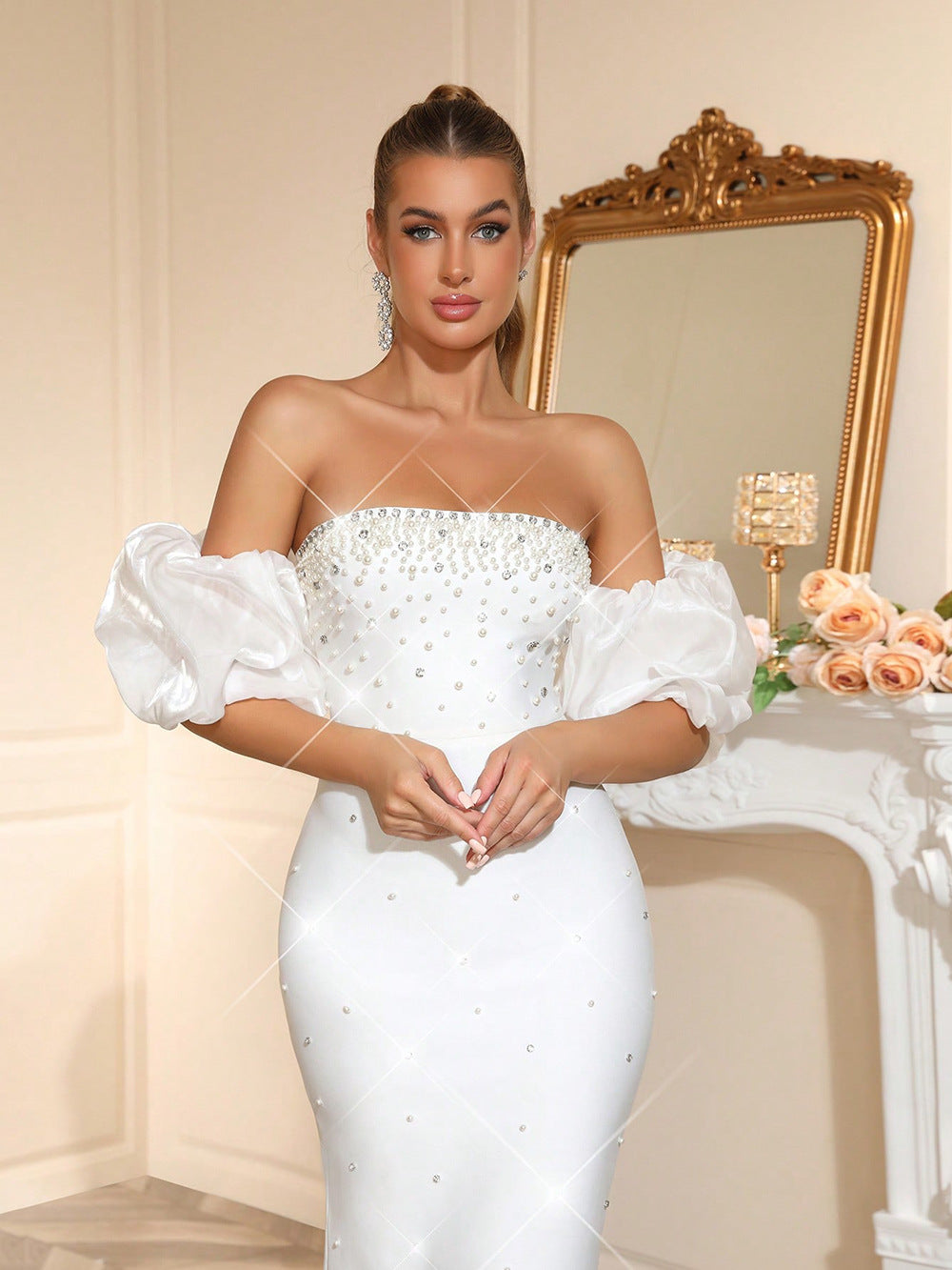 Nancy Rhinestone Beading Strapless Maxi Dress In White - OWNCI Nancy Rhinestone Beading Strapless Maxi Dress In White - OWNCI