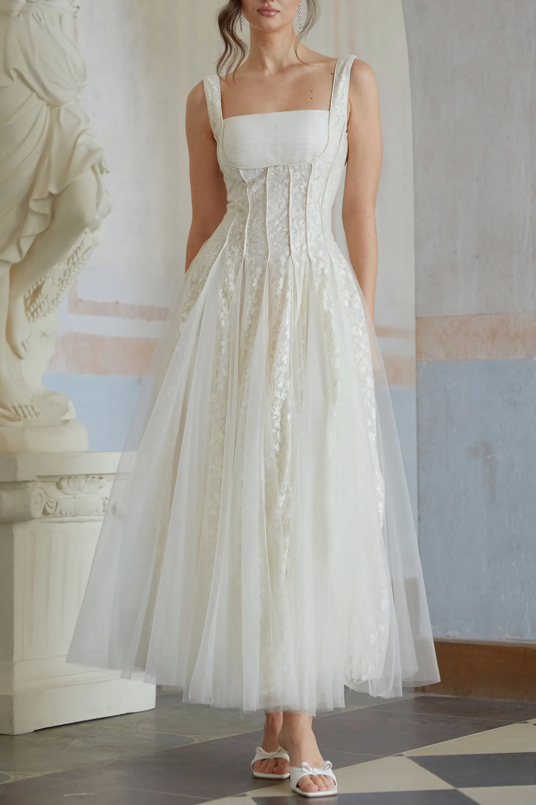 Jessica Neutral Tulle Panel Lace Maxi Dress In White - OWNCI