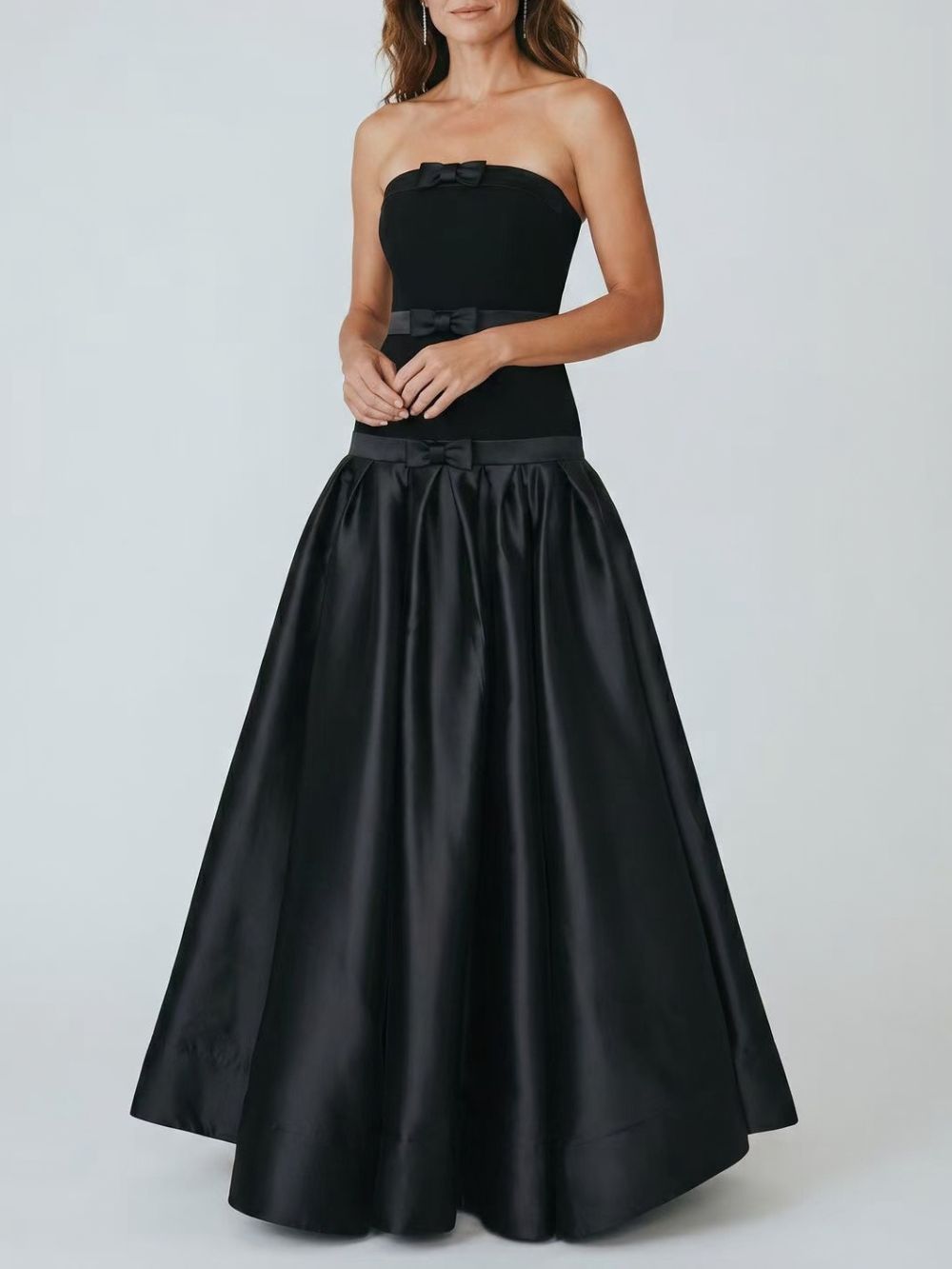 Strapless Bow Detail A Line Maxi Dress Black - OWNCI