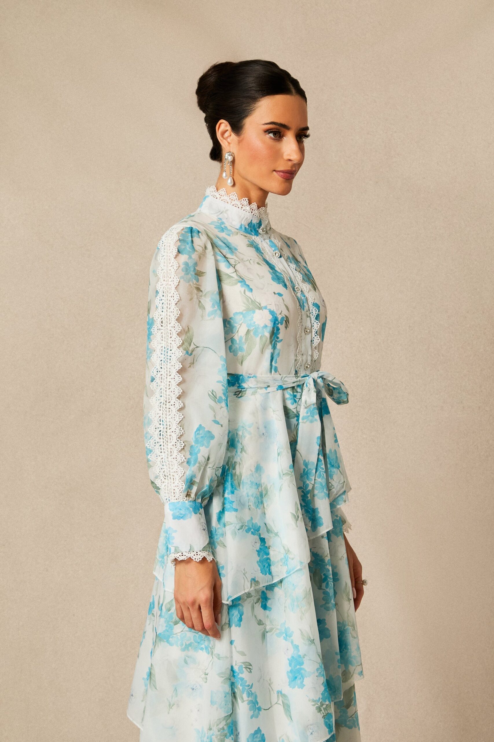 Nina Blue Chiffon Lace Trim Stand-Collar Dress With Layered Ruffles - OWNCI Nina Blue Chiffon Lace Trim Stand-Collar Dress With Layered Ruffles - OWNCI