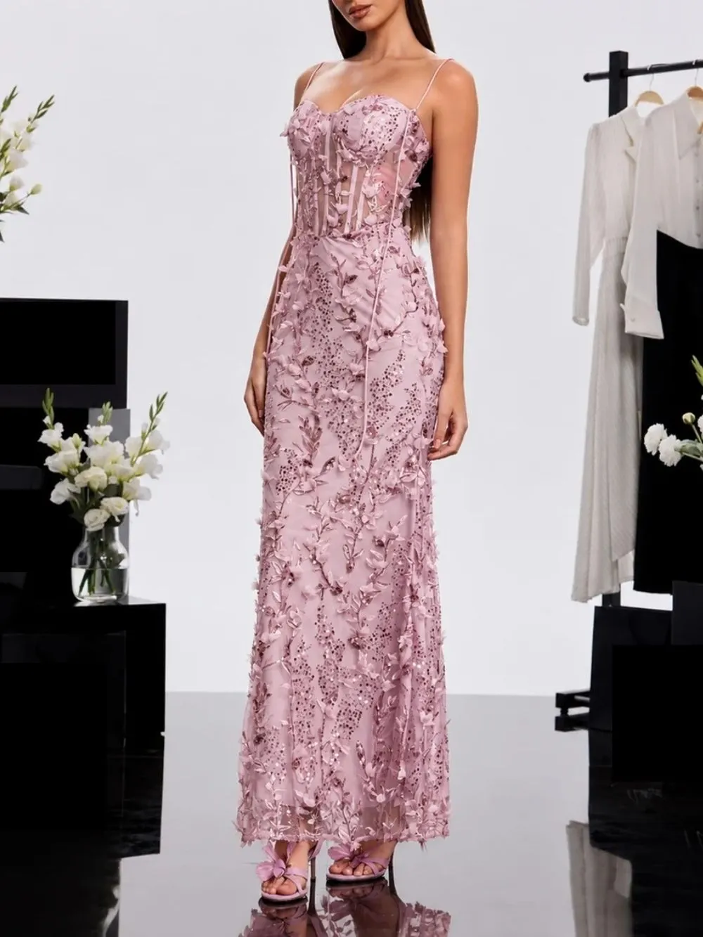 Haranu Spaghetti Corset Sequin Dress In Pink - OWNCI Haranu Spaghetti Corset Sequin Dress In Pink - OWNCI