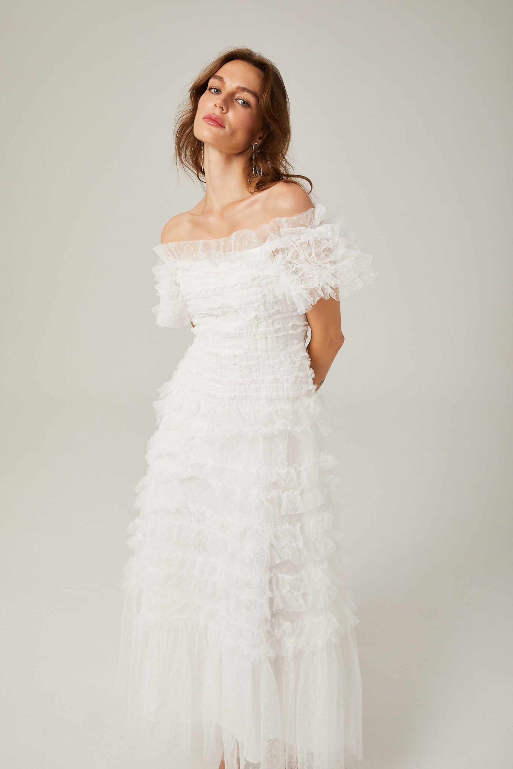 Joyce Ruffled Tulle Tiered Strapless Midi Dress In White - OWNCI Joyce Ruffled Tulle Tiered Strapless Midi Dress In White - OWNCI