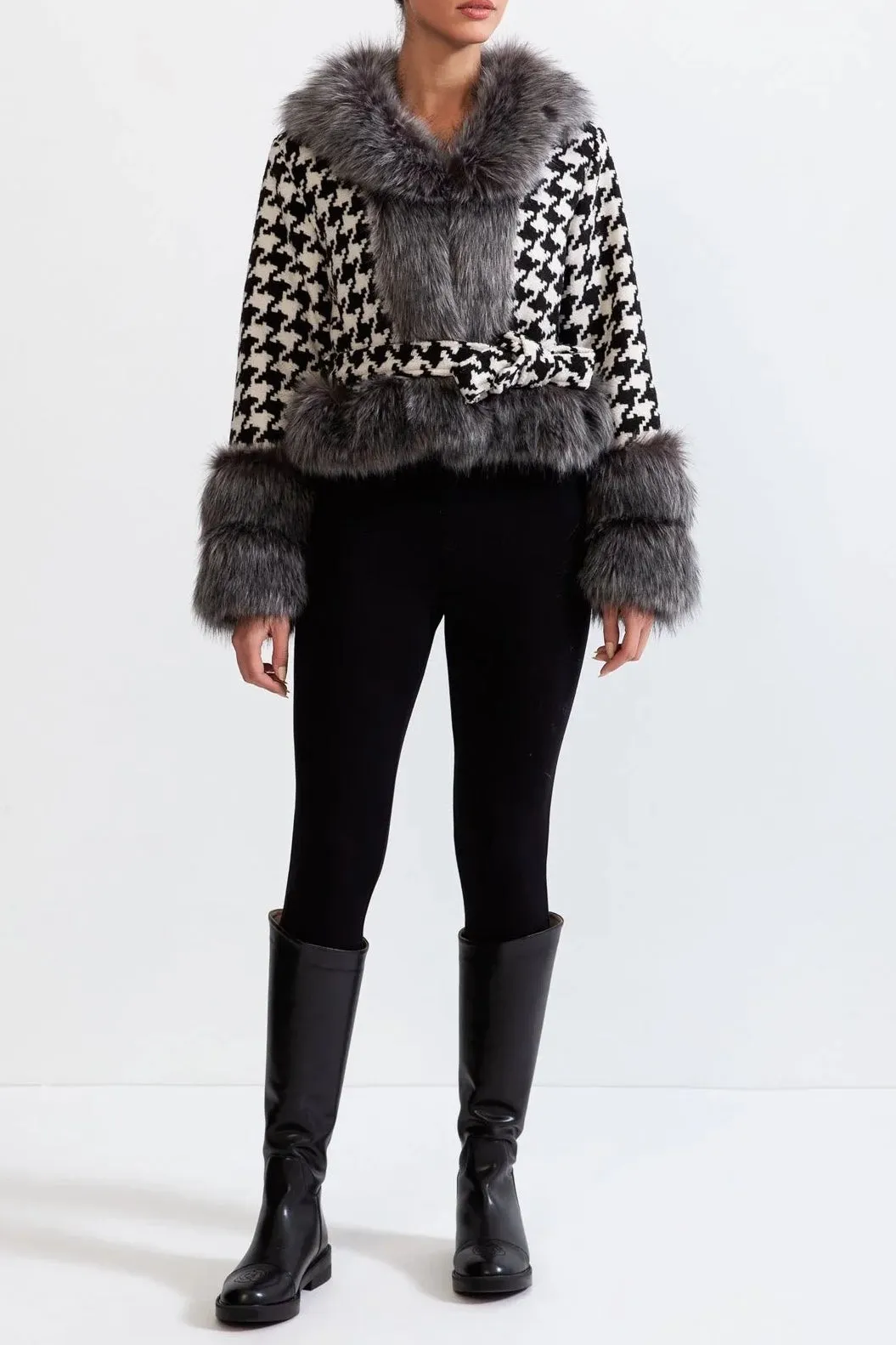 Natividad Houndstooth Wool Belted Coat With Fur - OWNCI