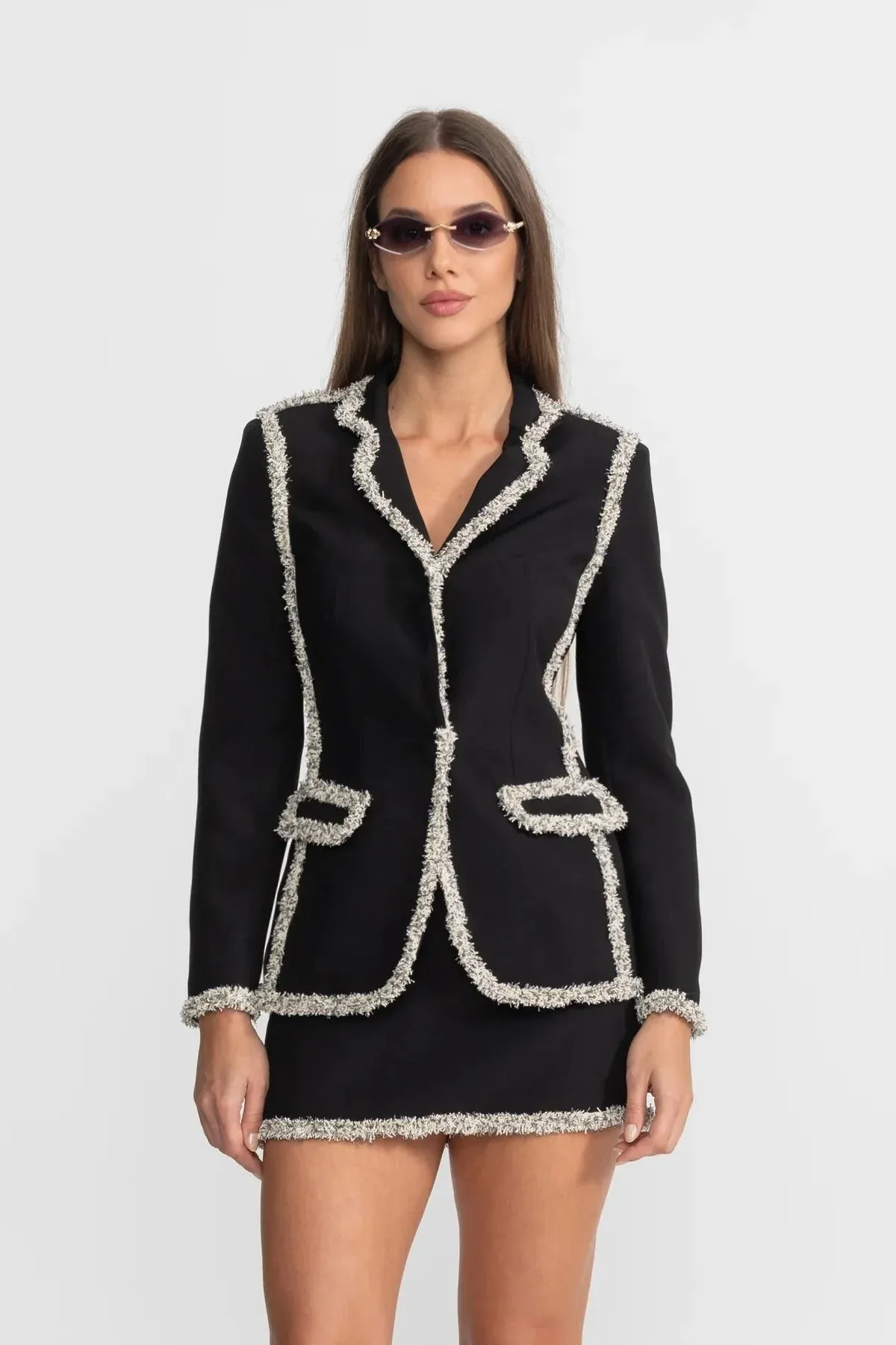 June Tweed Trim Blazer Matching Mini Skirt Set – Black - OWNCI June Tweed Trim Blazer Matching Mini Skirt Set – Black - OWNCI