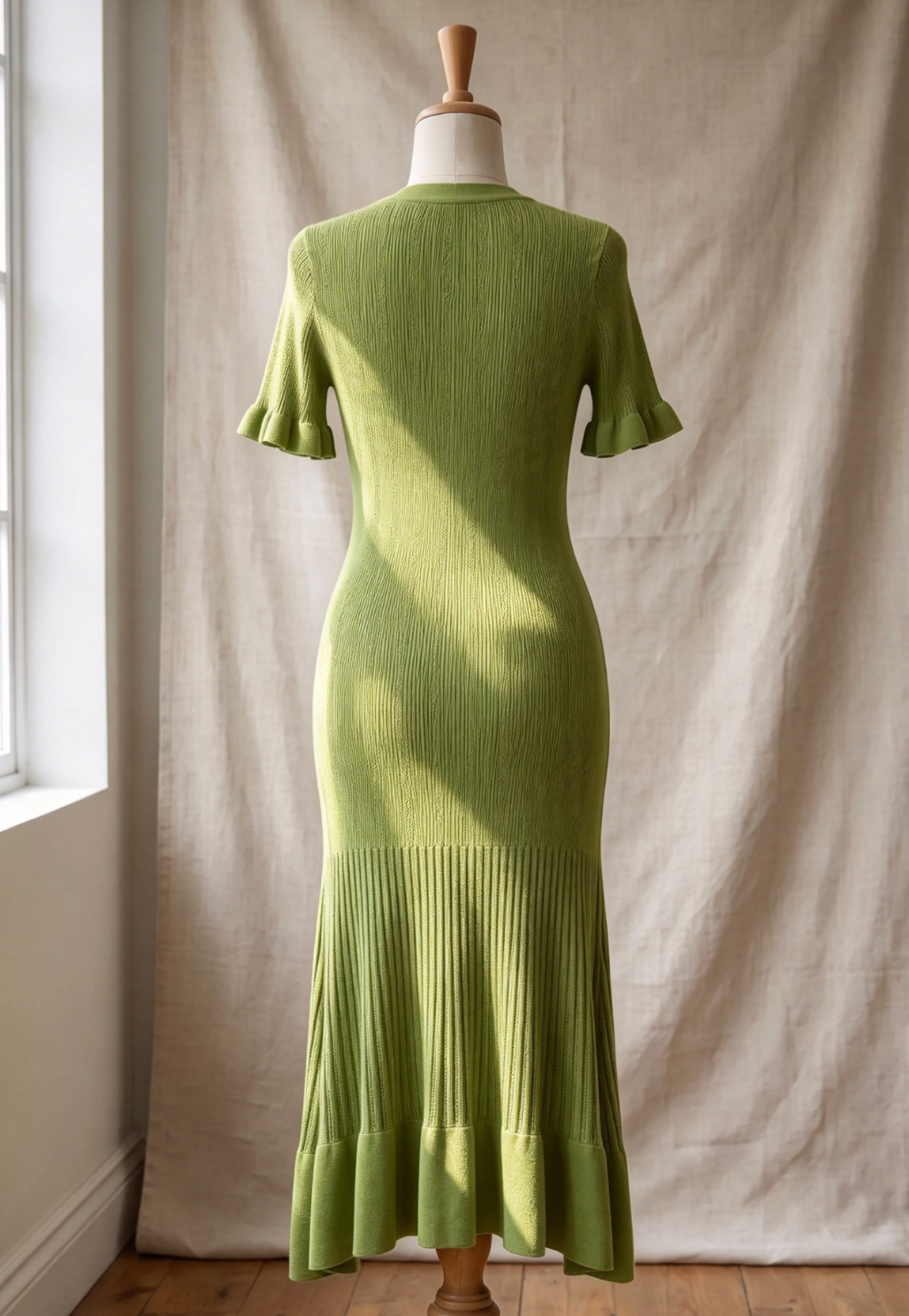 Olive Green Ribbed Knit A-Line Trumpet Midi Dress - OWNCI Olive Green Ribbed Knit A-Line Trumpet Midi Dress - OWNCI