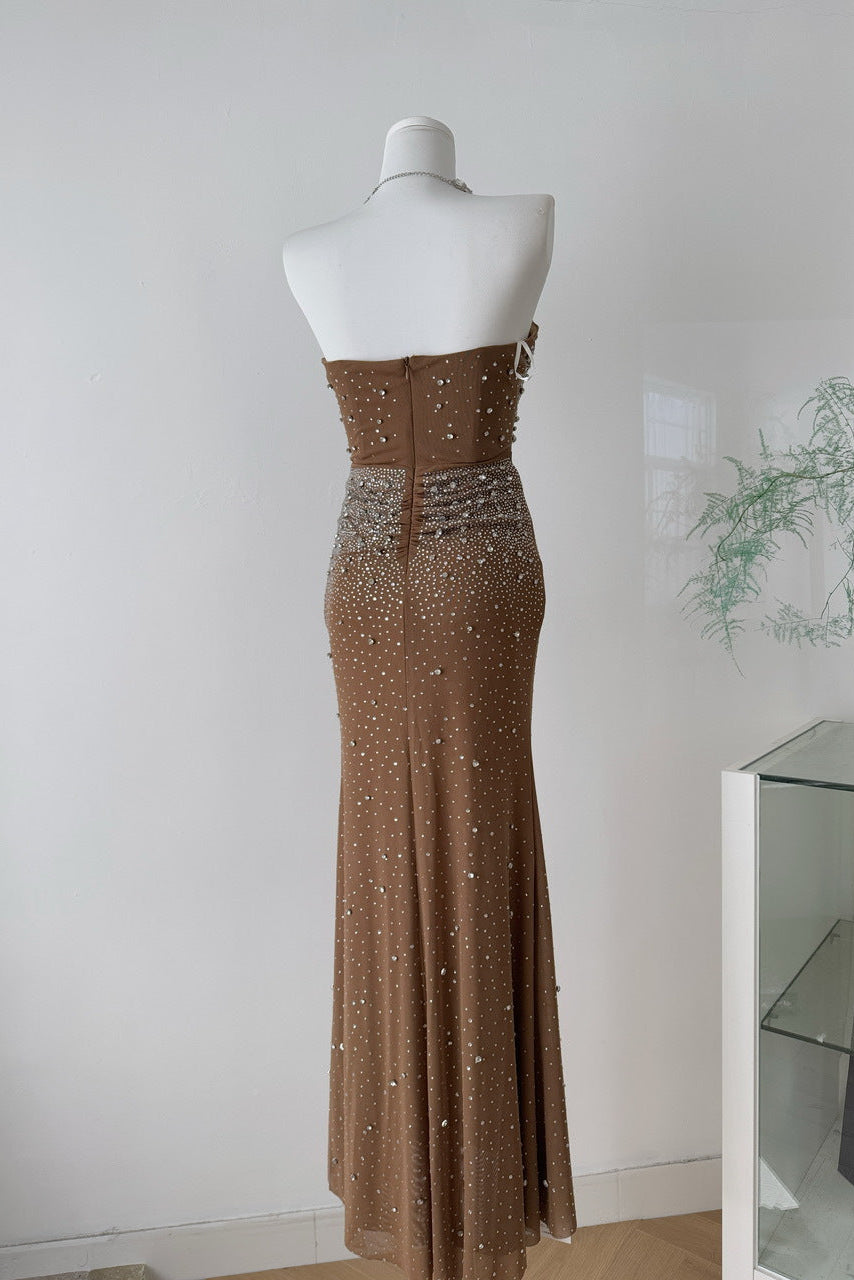Brown Mesh Fitted Column Gown with Crystal Embellishments - OWNCI Brown Mesh Fitted Column Gown with Crystal Embellishments - OWNCI