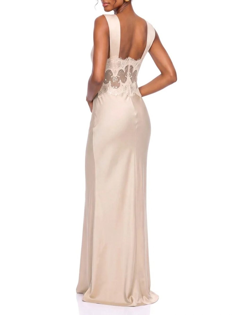 Amelqis V Neck Lace Satin Maxi Dress - OWNCI
