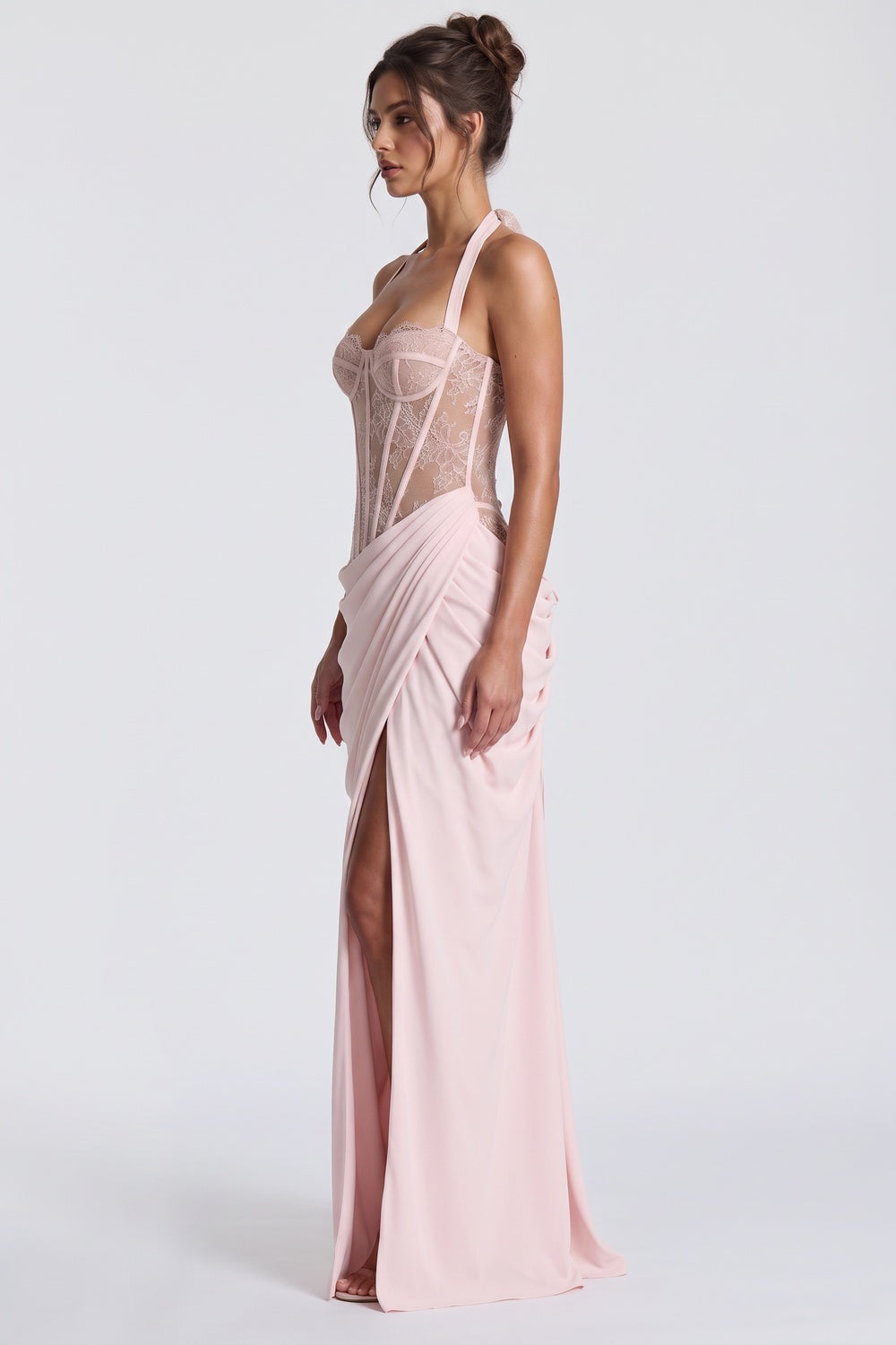 Pale Pink Crepe Draped Column With Corset Bodice Gown - OWNCI