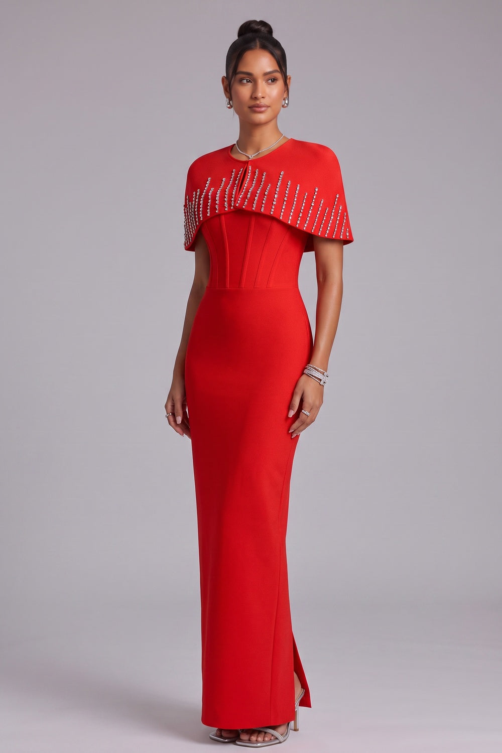 Bright Red Heavy Crepe Column Maxi Dress With Capelet - OWNCI Bright Red Heavy Crepe Column Maxi Dress With Capelet - OWNCI