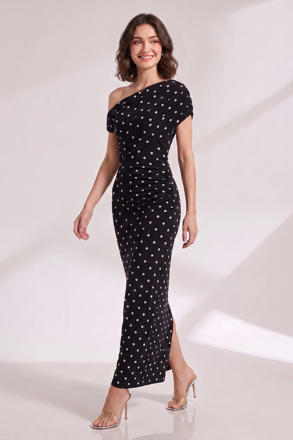 Black Polka Dot One-Shoulder Maxi Dress - OWNCI Black Polka Dot One-Shoulder Maxi Dress - OWNCI