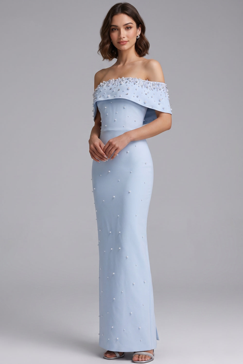 Light Blue Structured Crepe Column Gown with Pearl Embellishments - OWNCI