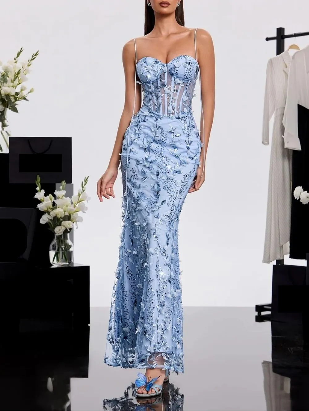 Haranu Spaghetti Corset Sequin Dress In Sky - OWNCI Haranu Spaghetti Corset Sequin Dress In Sky - OWNCI