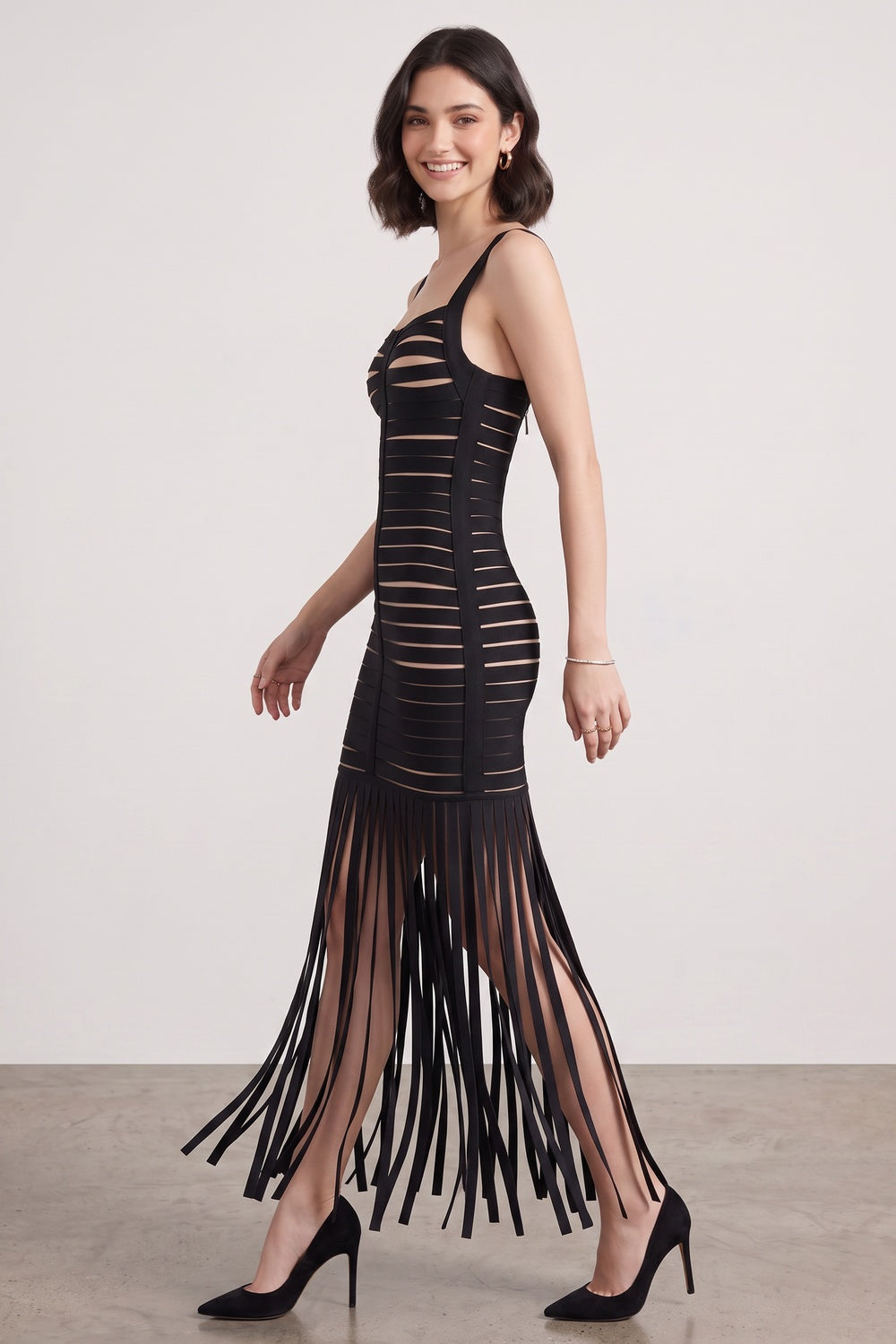 Black Bandage Knit Fringe Maxi Dress - OWNCI Black Bandage Knit Fringe Maxi Dress - OWNCI