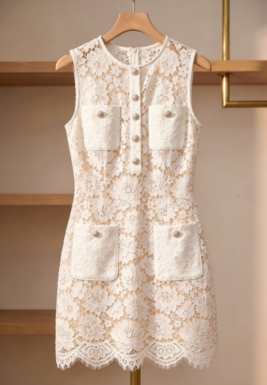 White Floral Lace Shift Dress with Button Pockets - OWNCI White Floral Lace Shift Dress with Button Pockets - OWNCI