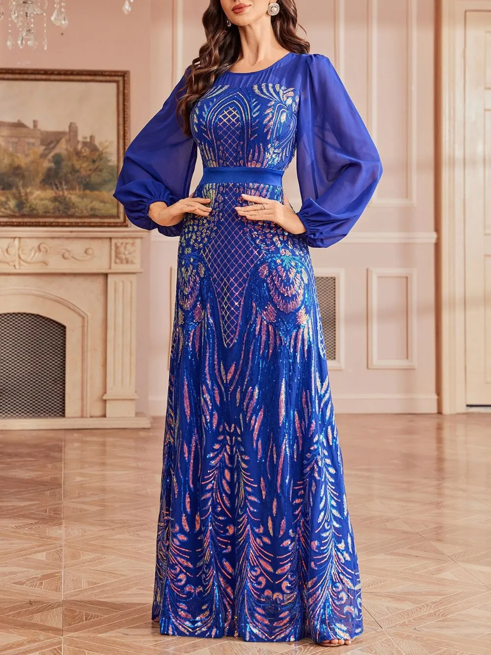 Milania Blue Sequin Long Sleeve Maxi Dress - OWNCI Milania Blue Sequin Long Sleeve Maxi Dress - OWNCI
