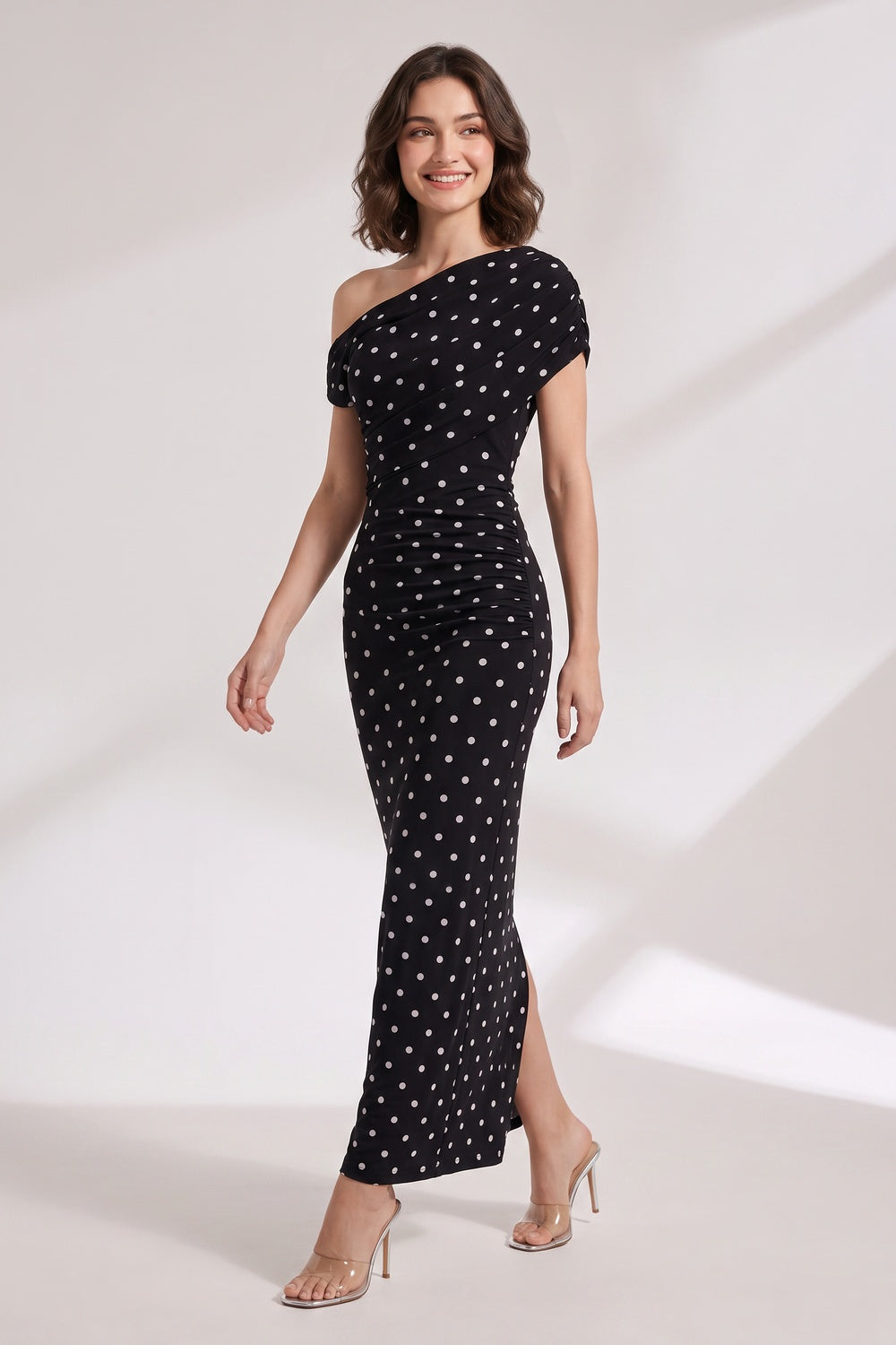 Black Polka Dot One-Shoulder Maxi Dress - OWNCI