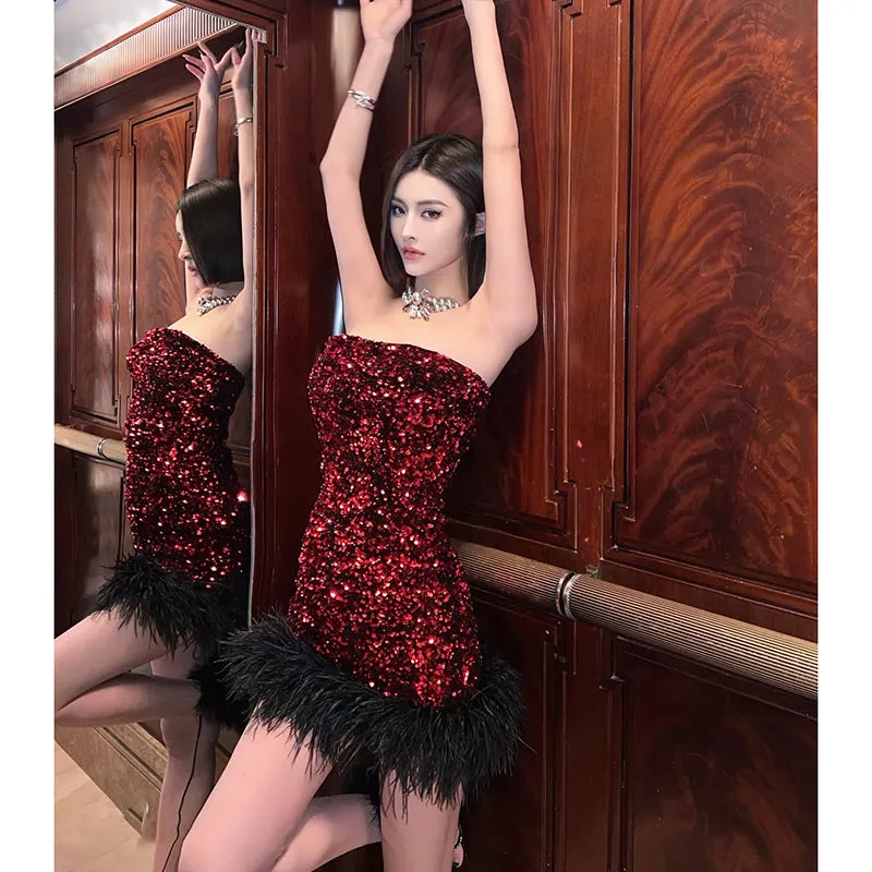 Quintina Sequin Feather Strapless Mini Dress In Red - OWNCI Quintina Sequin Feather Strapless Mini Dress In Red - OWNCI
