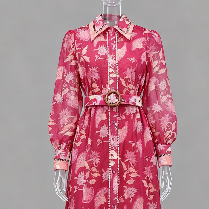 Phoenix Red Floral Print Maxi Dress With Belt - OWNCI Phoenix Red Floral Print Maxi Dress With Belt - OWNCI