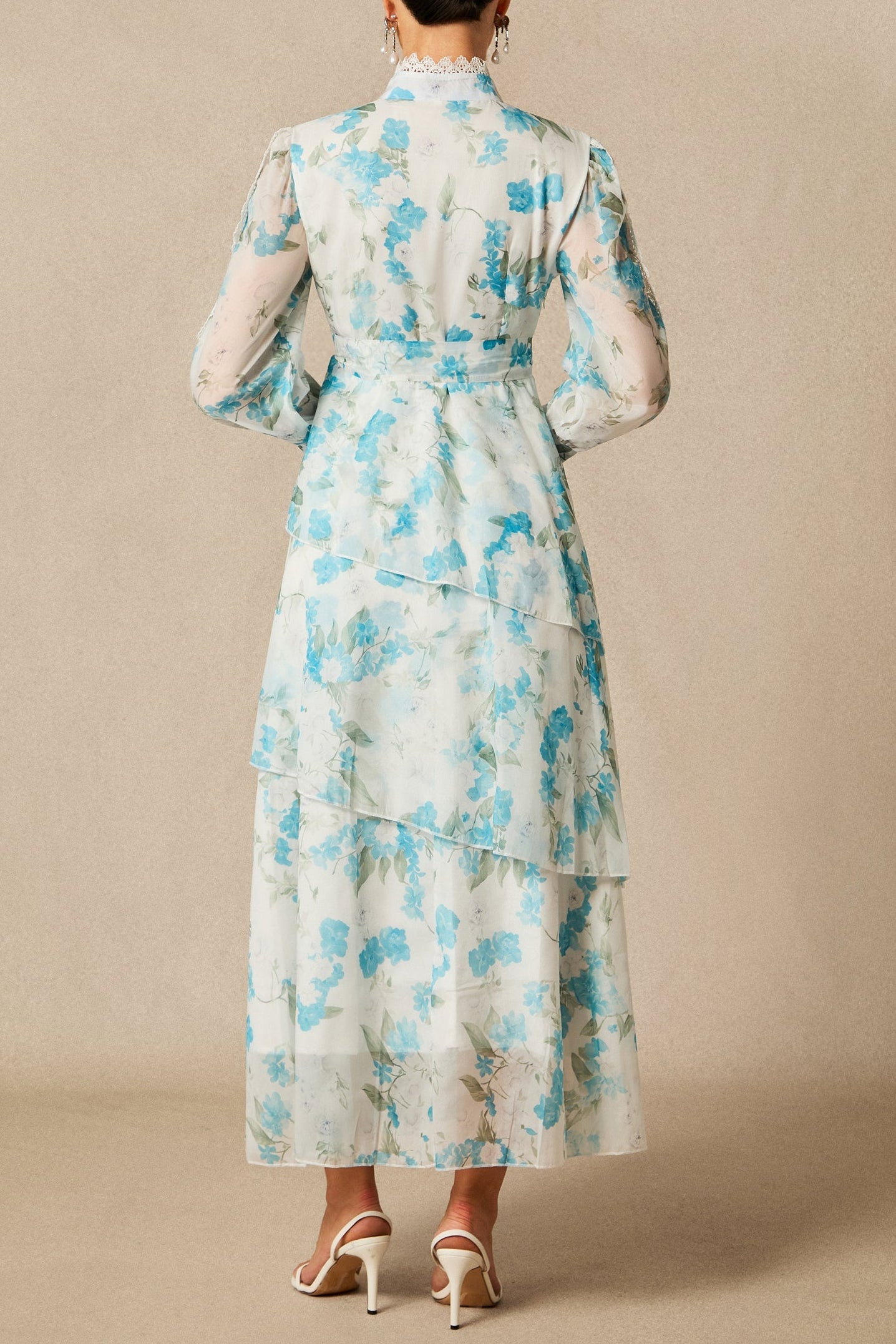 Nina Blue Chiffon Lace Trim Stand-Collar Dress With Layered Ruffles - OWNCI Nina Blue Chiffon Lace Trim Stand-Collar Dress With Layered Ruffles - OWNCI