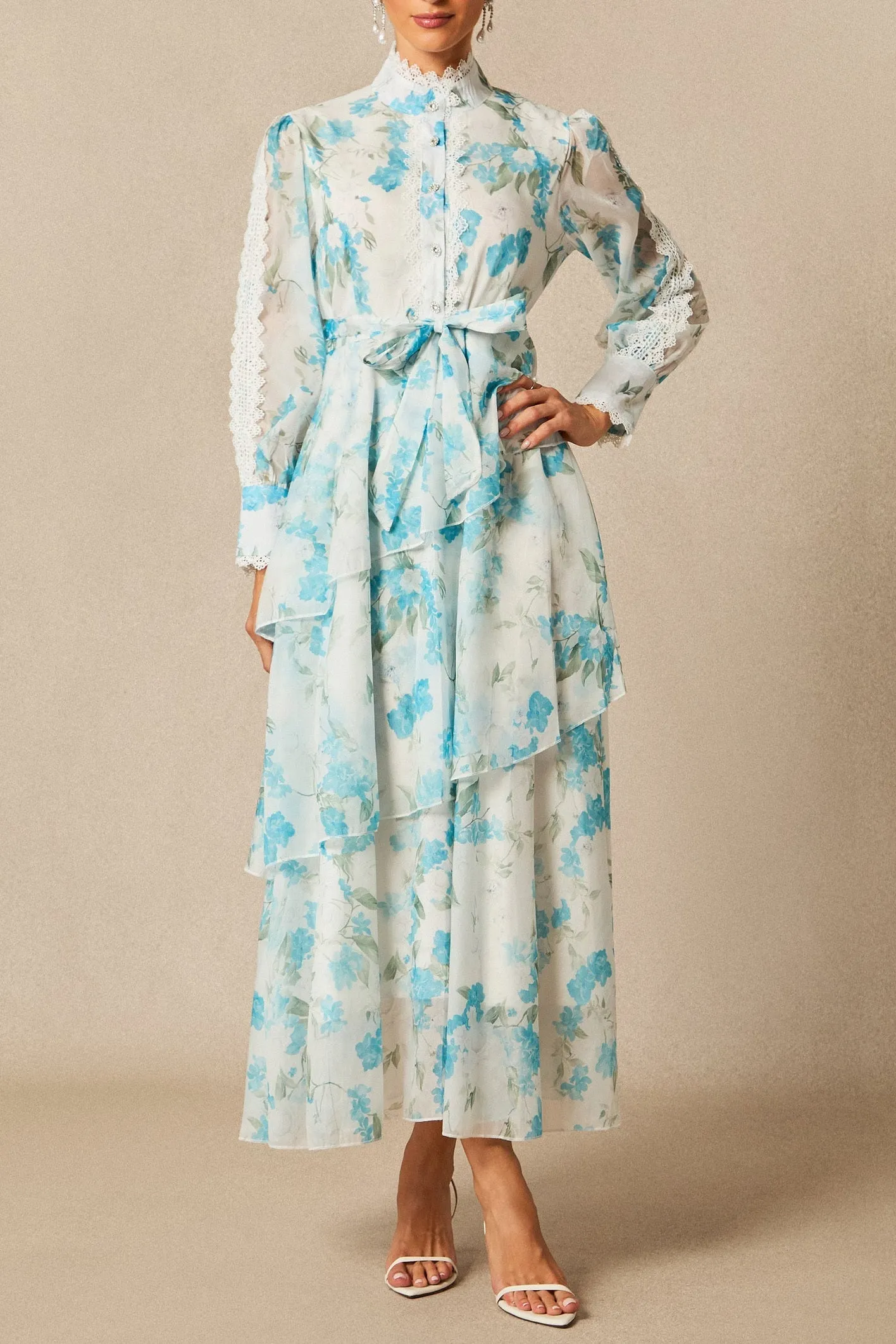 Nina Blue Chiffon Lace Trim Stand-Collar Dress With Layered Ruffles - OWNCI