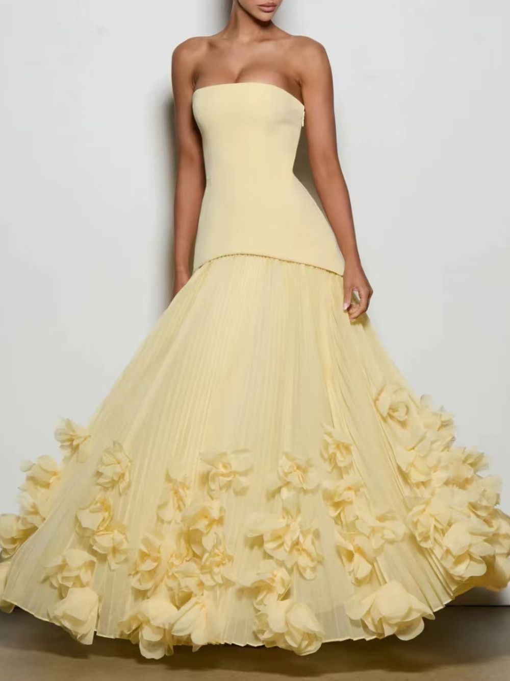 Ovarq Strapless Pleated Flower Maxi Dress In Yellow - OWNCI Ovarq Strapless Pleated Flower Maxi Dress In Yellow - OWNCI