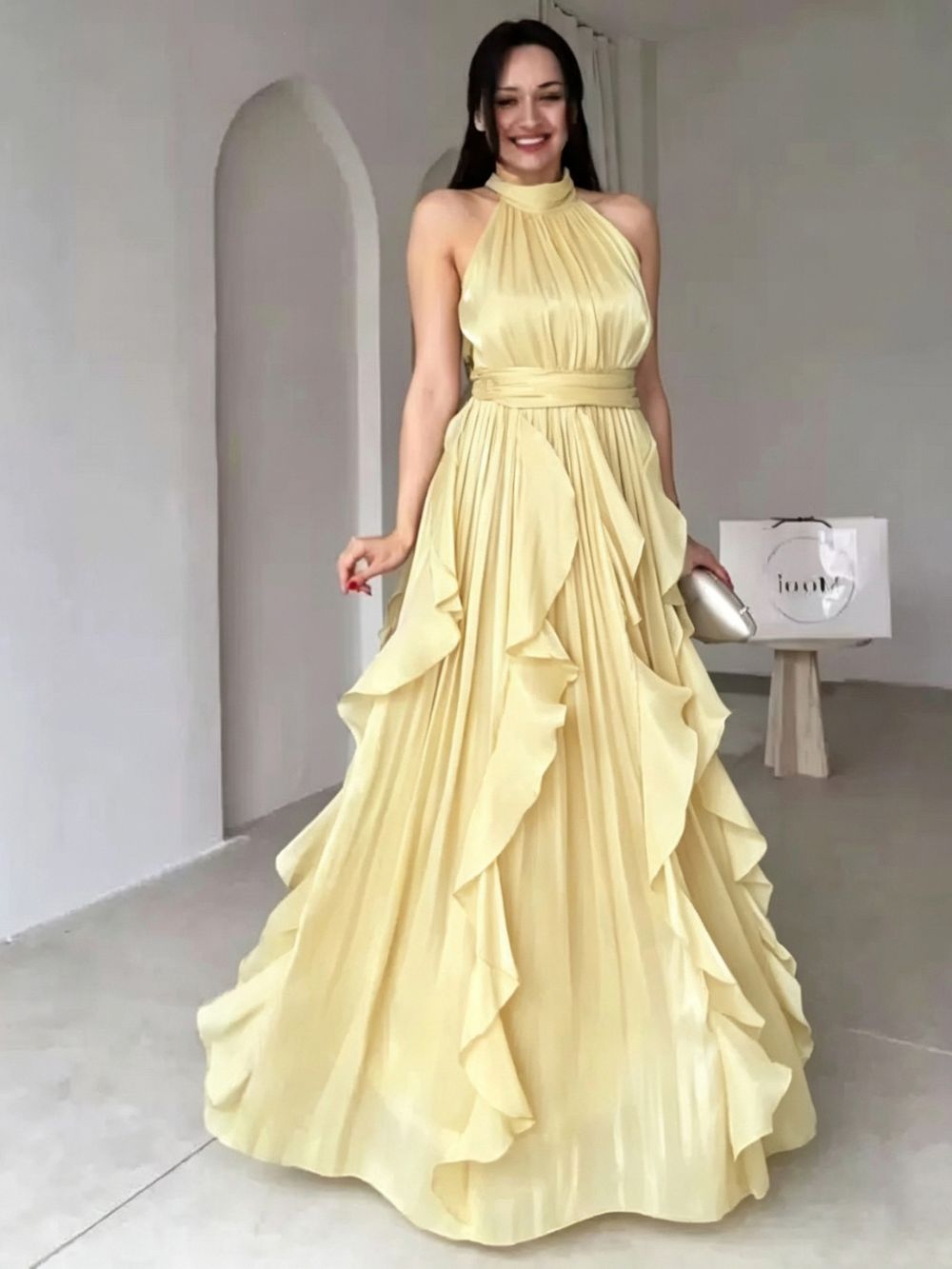 Yellow Chiffon A-Line Halter Maxi Dress - OWNCI