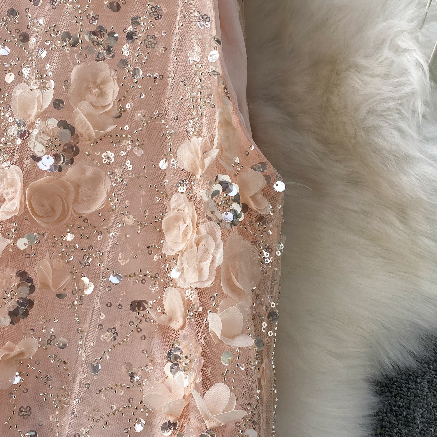 Blush Pink Tulle Mesh A-Line Shift Dress with Floral Embellishment - OWNCI Blush Pink Tulle Mesh A-Line Shift Dress with Floral Embellishment - OWNCI