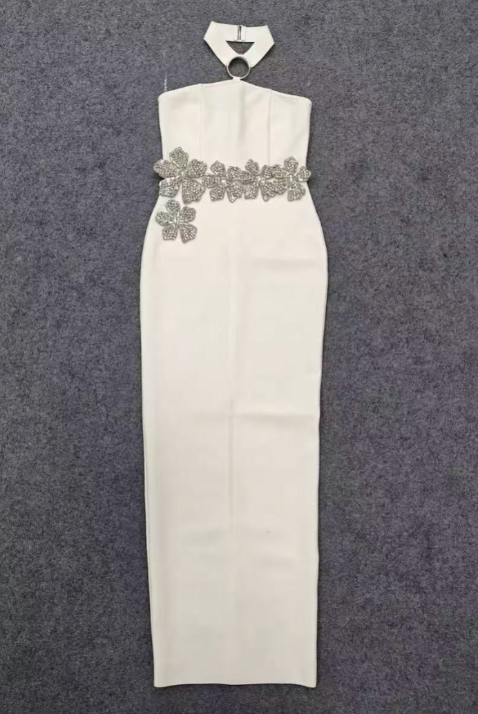White Crepe Column Gown with Silver Floral Embellishment - OWNCI
