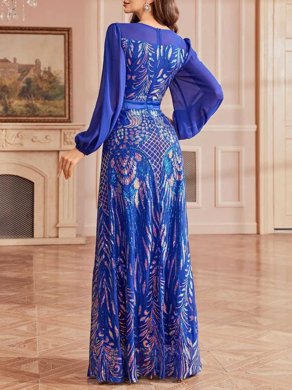 Milania Blue Sequin Long Sleeve Maxi Dress - OWNCI