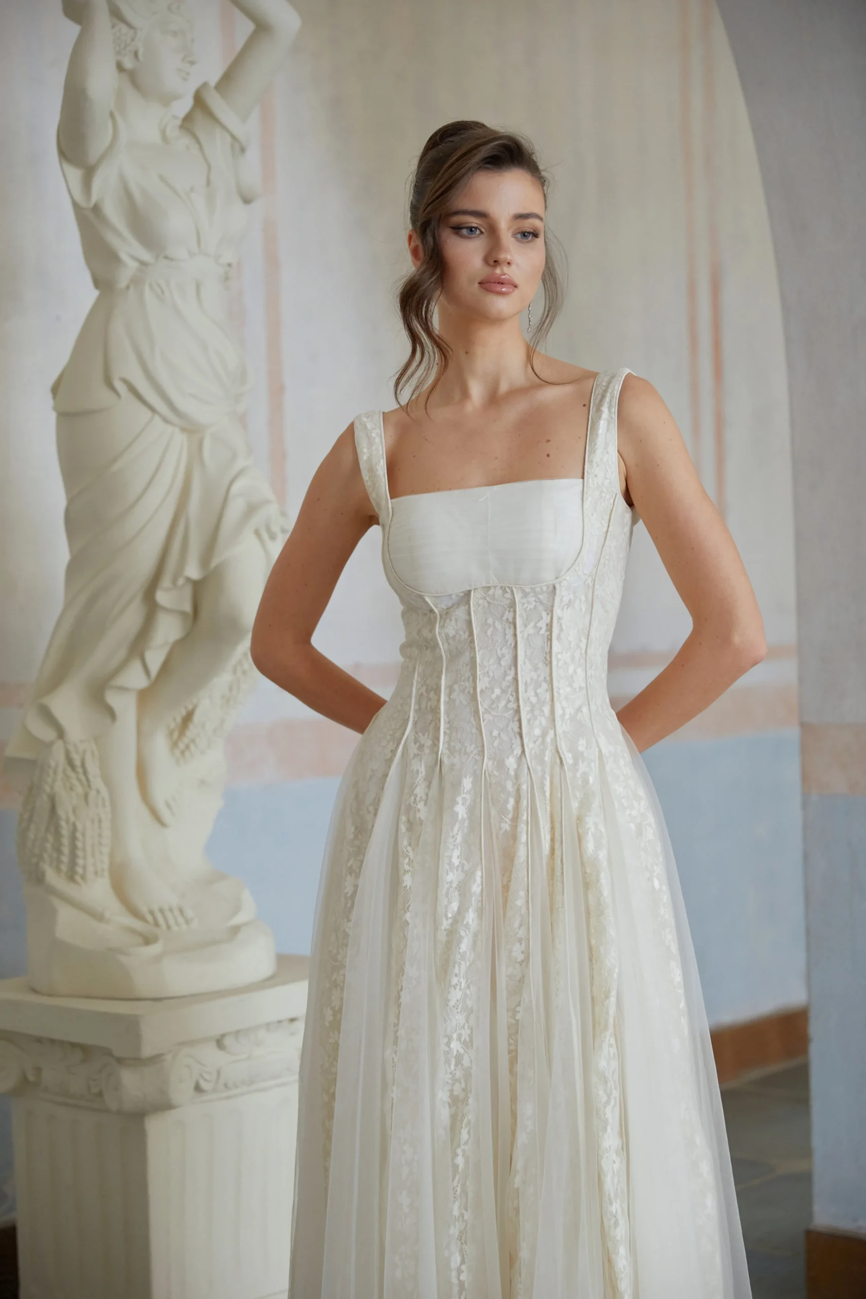 Jessica Neutral Tulle Panel Lace Maxi Dress In White - OWNCI Jessica Neutral Tulle Panel Lace Maxi Dress In White - OWNCI