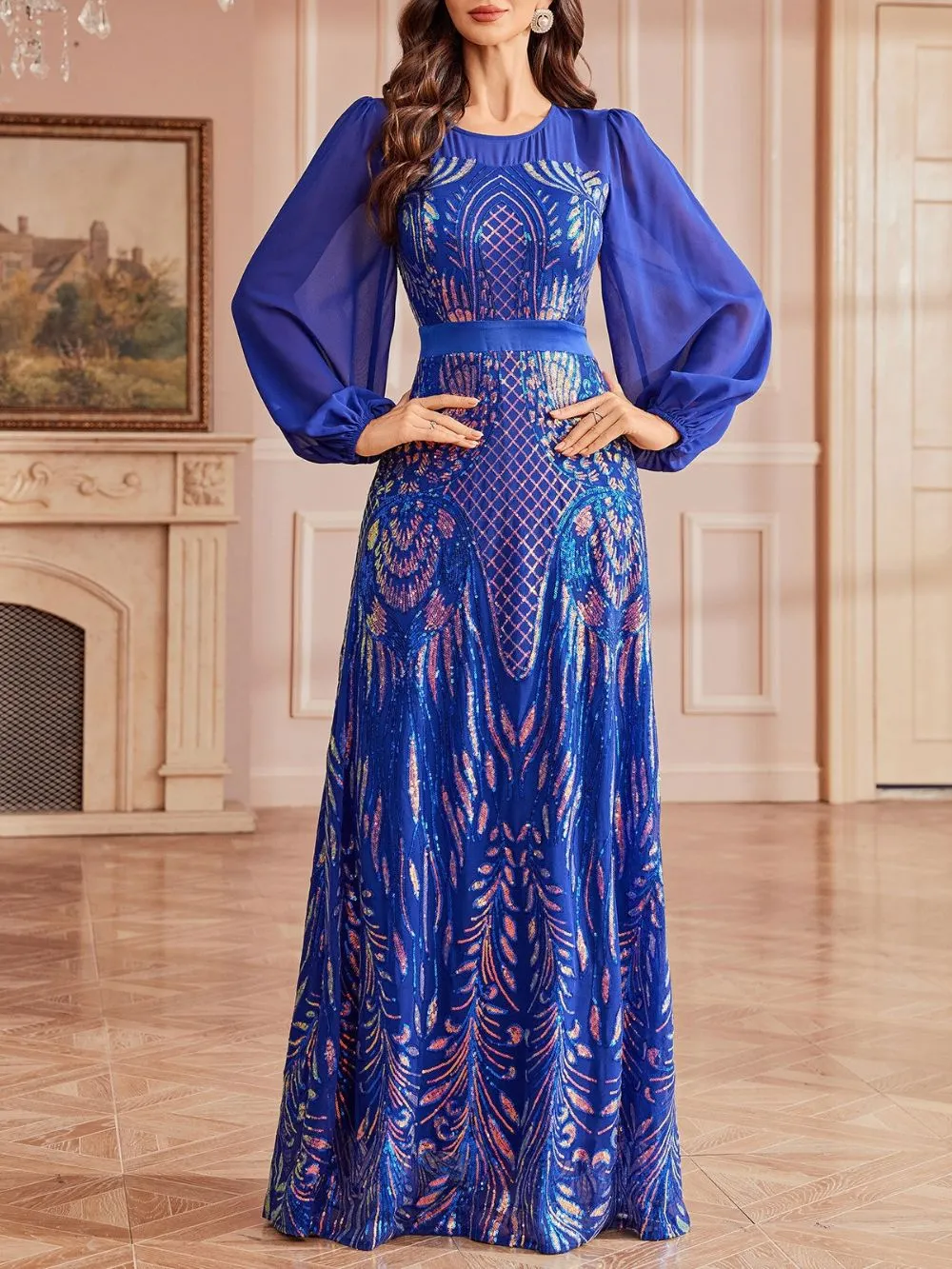 Milania Blue Sequin Long Sleeve Maxi Dress - OWNCI Milania Blue Sequin Long Sleeve Maxi Dress - OWNCI