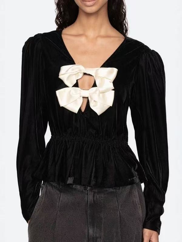 Wallis Black v-Neck Bow Cutout Velvet Top - OWNCI Wallis Black v-Neck Bow Cutout Velvet Top - OWNCI