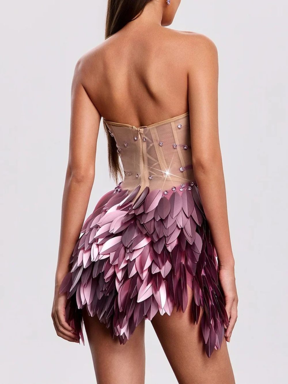 Xandrik Strapless Leaf Rhinestone Mini Dress - OWNCI