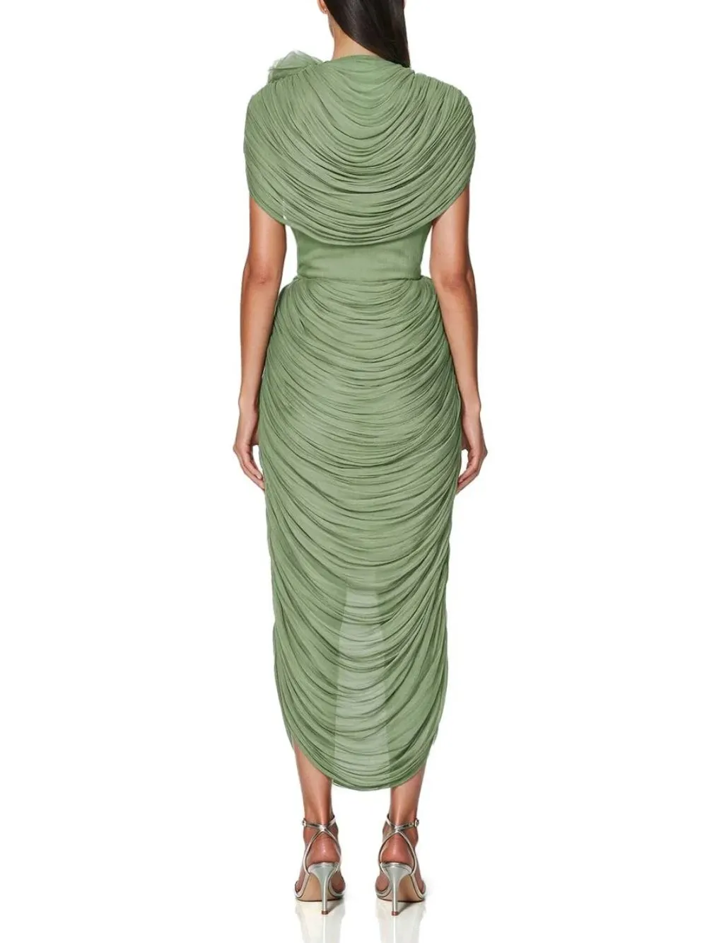 Kessari Flower Draped Midi Dress In Green - OWNCI