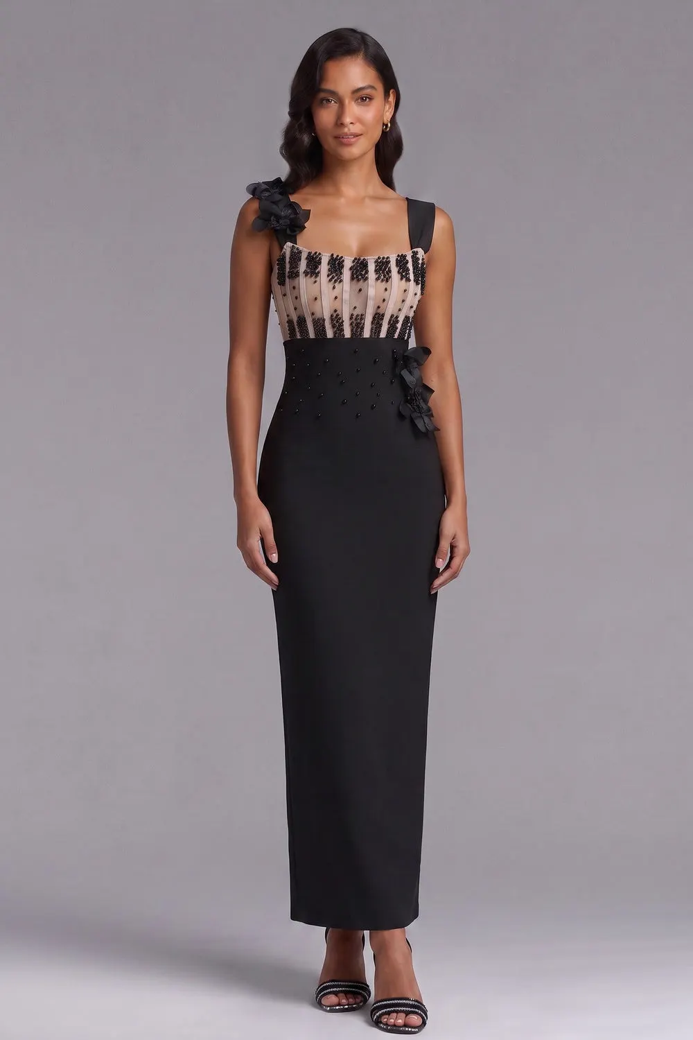 Black Structured Crepe Column Evening Gown with Beaded Bodice - OWNCI Black Structured Crepe Column Evening Gown with Beaded Bodice - OWNCI