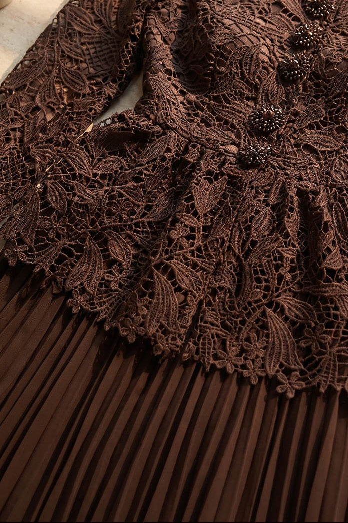 Dark Brown Guipure Lace Peplum Top & Pleated Maxi Skirt Two-Piece Set - OWNCI