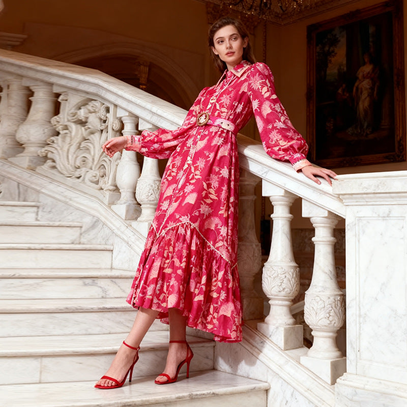 Phoenix Red Floral Print Maxi Dress With Belt - OWNCI Phoenix Red Floral Print Maxi Dress With Belt - OWNCI