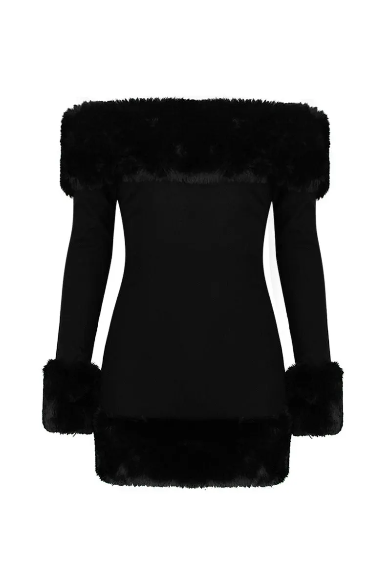 Rita Black Long-Sleeve Off-Shoulder Mini Dress With Fuzzy Details - OWNCI Rita Black Long-Sleeve Off-Shoulder Mini Dress With Fuzzy Details - OWNCI