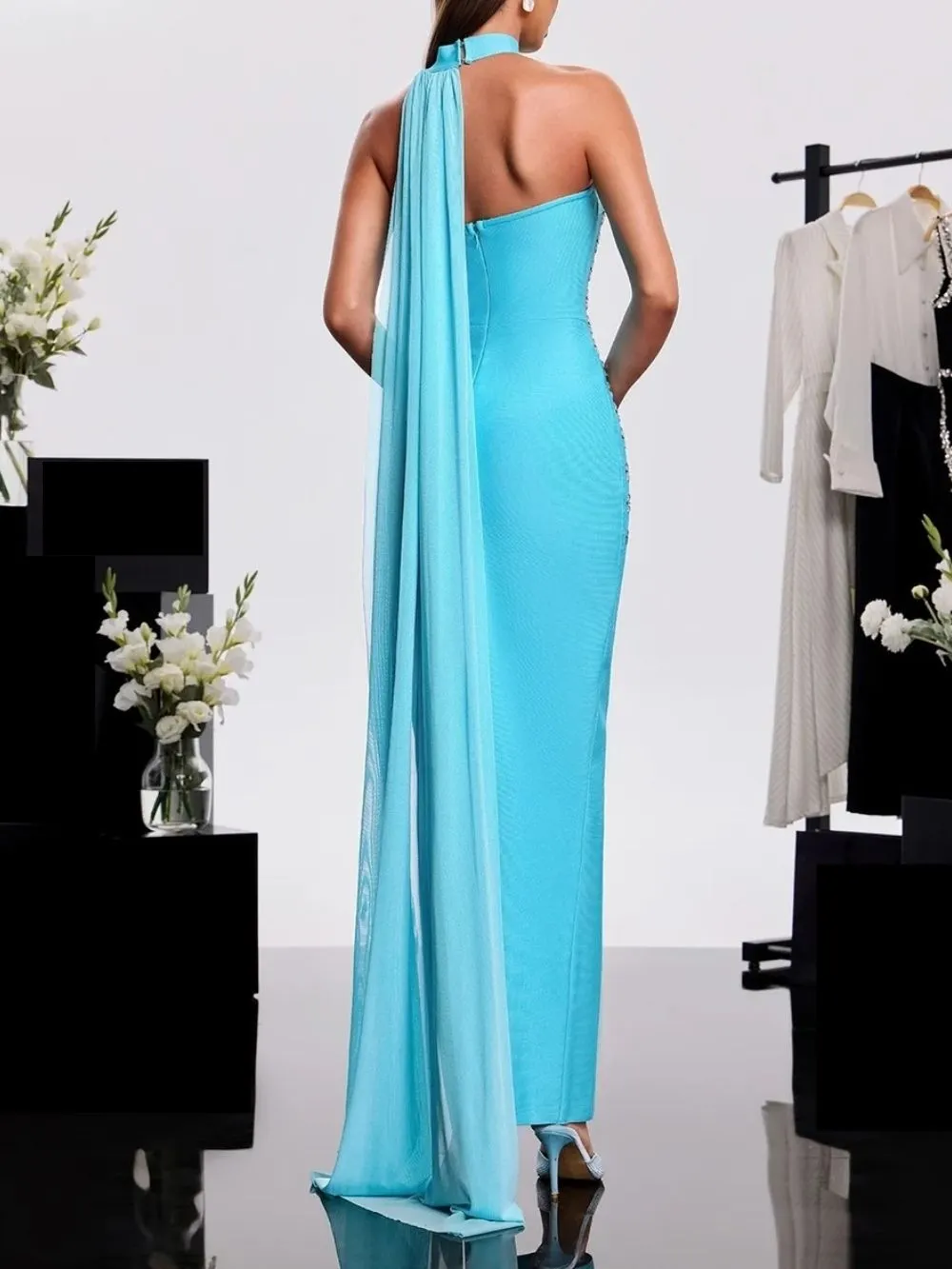 Harena Halterneck Rhinestone Bandage Dress - OWNCI