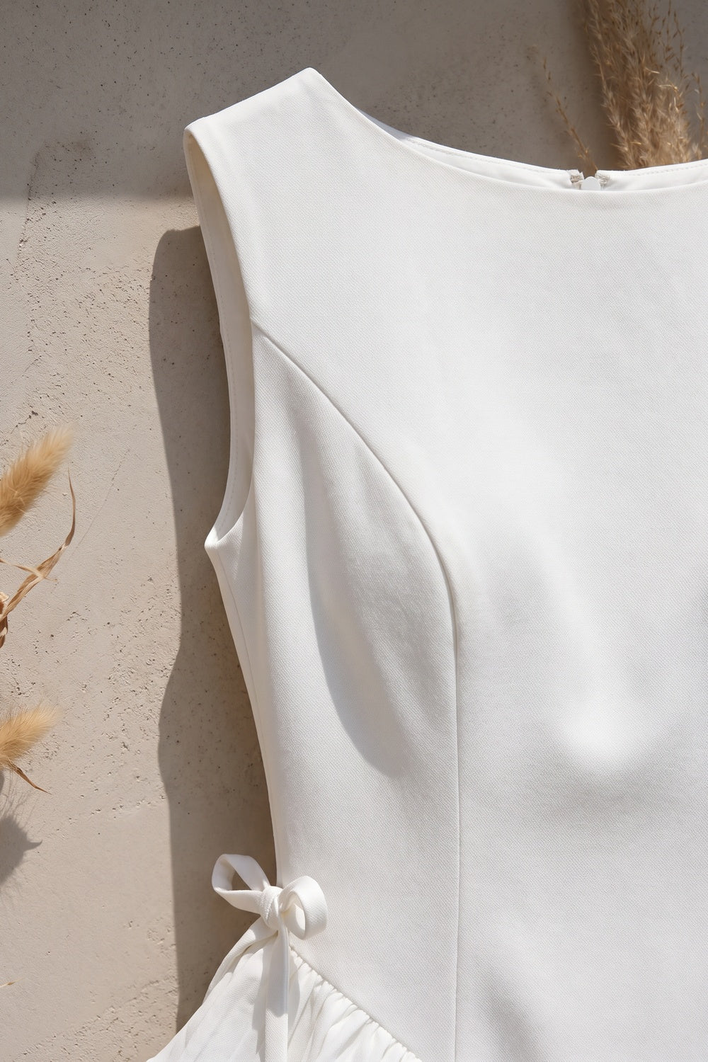 White Structured Crepe A-Line Dress with Side Ruffles - OWNCI White Structured Crepe A-Line Dress with Side Ruffles - OWNCI