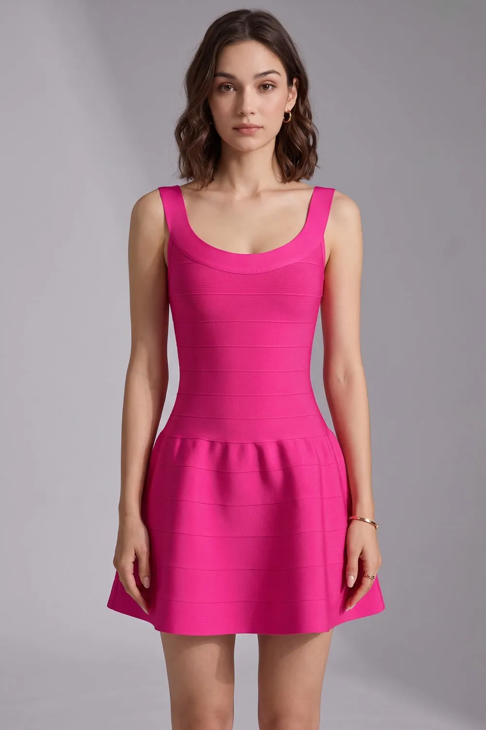 Hot Pink Heavy Stretch Knit Fit-and-Flare Mini Dress - OWNCI Hot Pink Heavy Stretch Knit Fit-and-Flare Mini Dress - OWNCI
