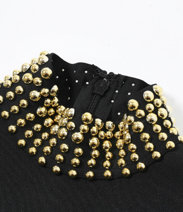 Black Heavyweight Stretch Knit Bodycon Dress with Gold Beaded Details - OWNCI Black Heavyweight Stretch Knit Bodycon Dress with Gold Beaded Details - OWNCI