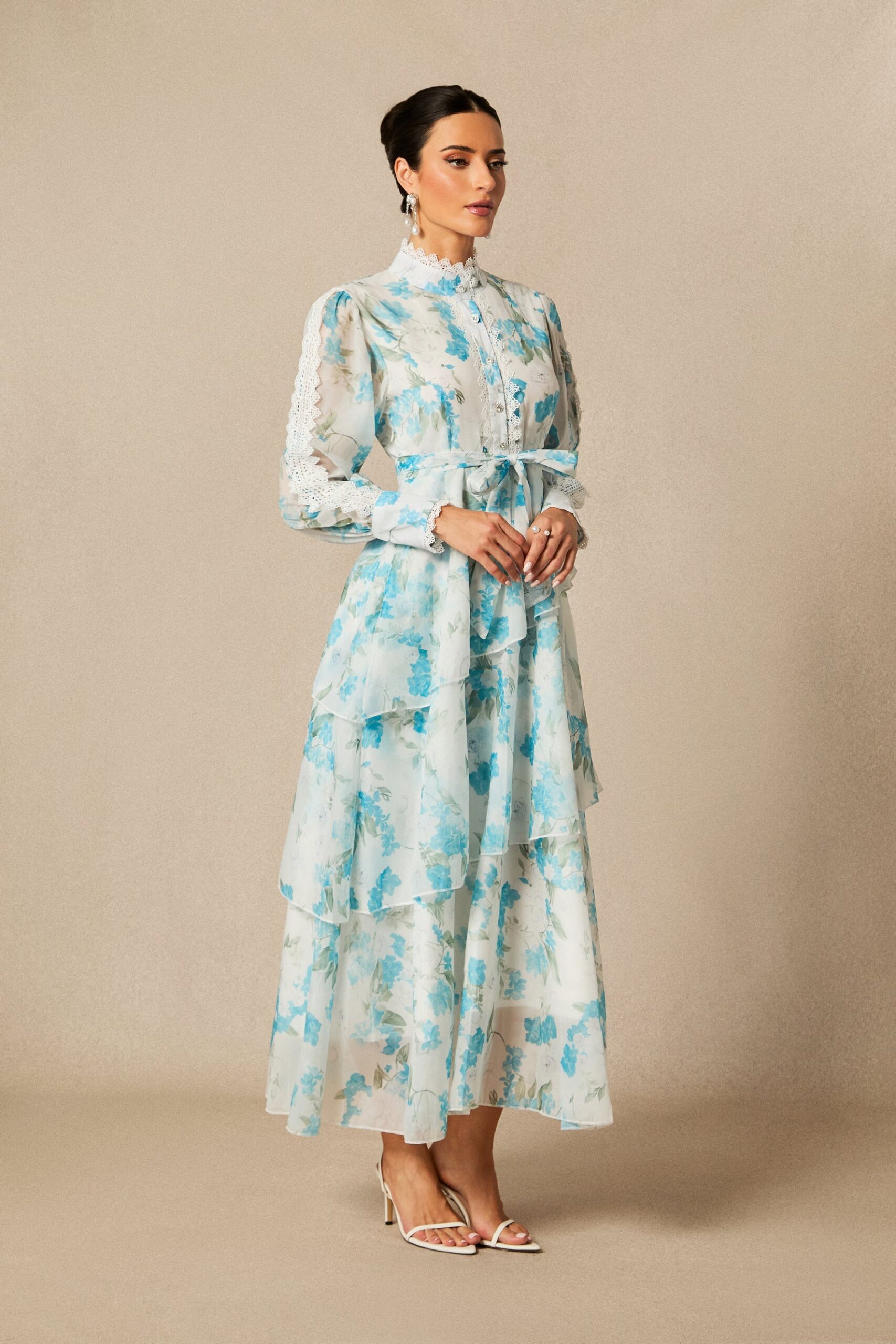 Nina Blue Chiffon Lace Trim Stand-Collar Dress With Layered Ruffles - OWNCI Nina Blue Chiffon Lace Trim Stand-Collar Dress With Layered Ruffles - OWNCI
