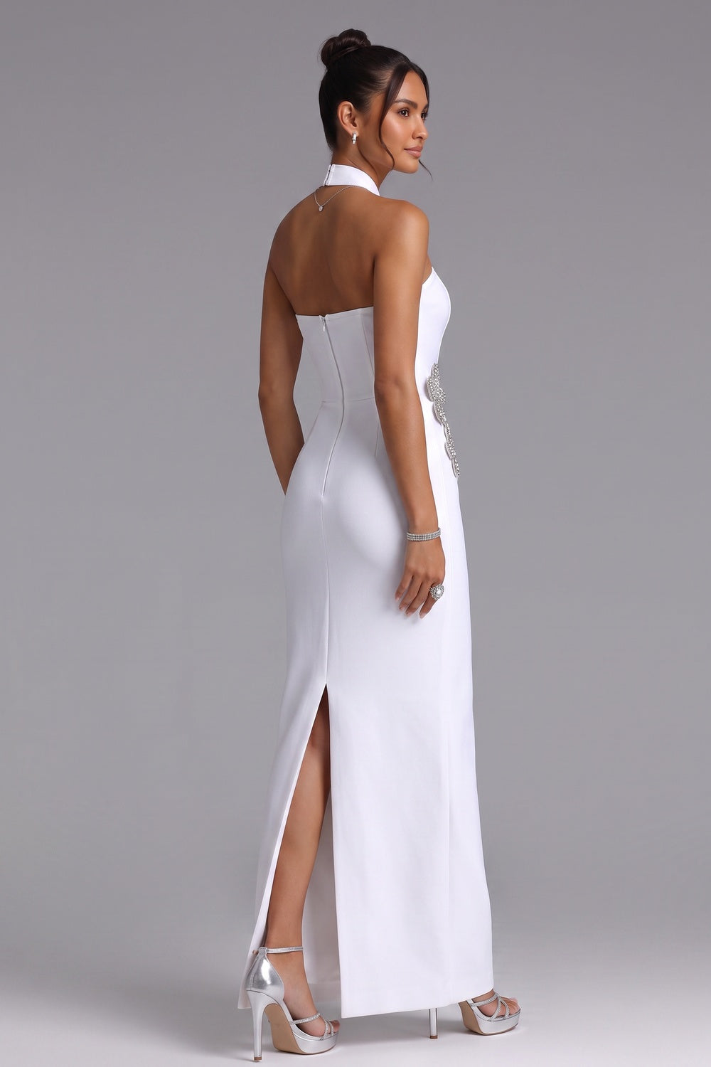 White Crepe Column Gown with Silver Floral Embellishment - OWNCI