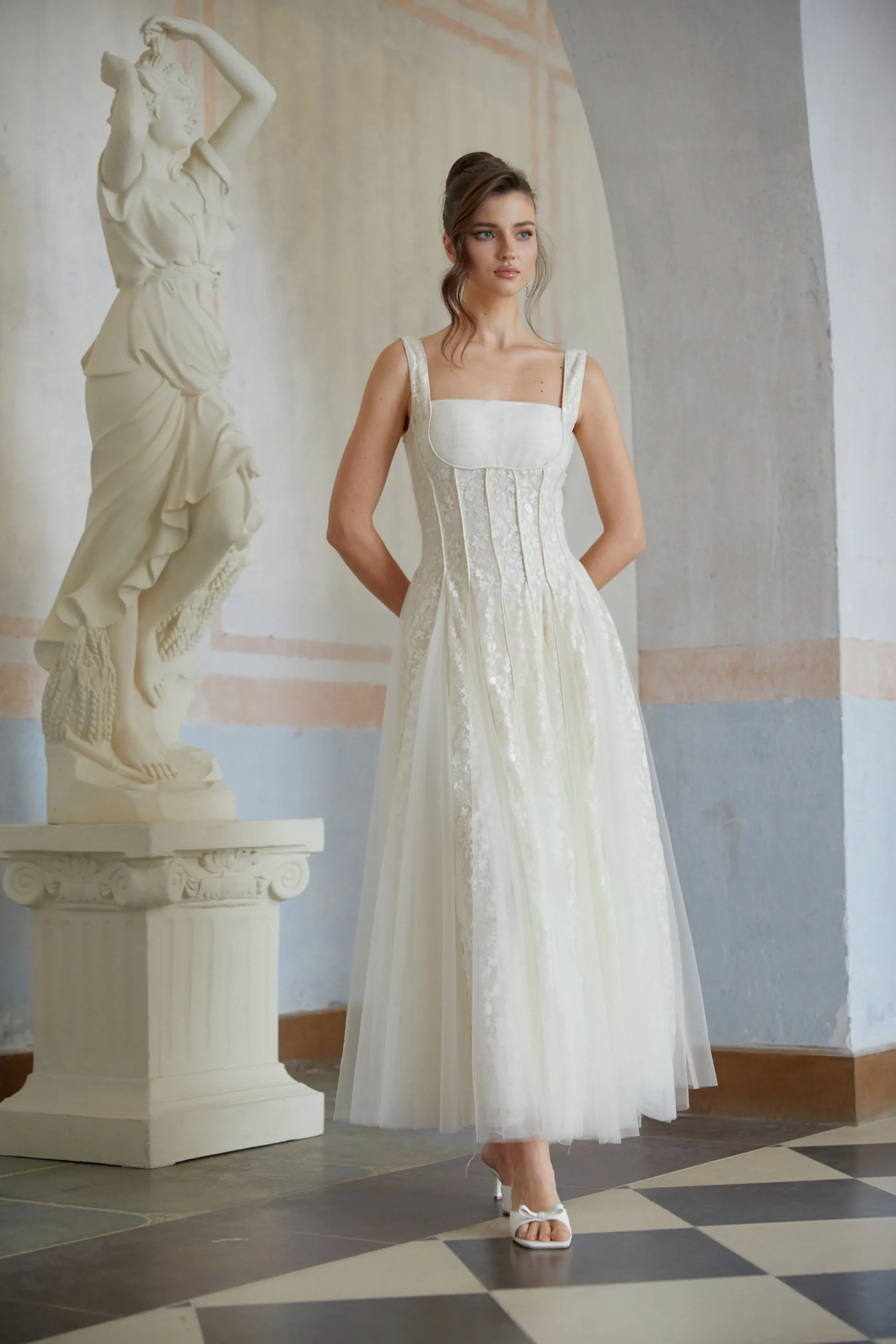 Jessica Neutral Tulle Panel Lace Maxi Dress In White - OWNCI Jessica Neutral Tulle Panel Lace Maxi Dress In White - OWNCI