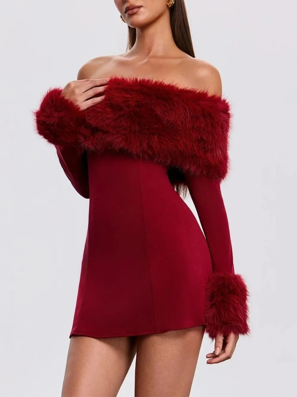 Aubelin Off Shoulder Faux Fur Mini Dress - OWNCI Aubelin Off Shoulder Faux Fur Mini Dress - OWNCI